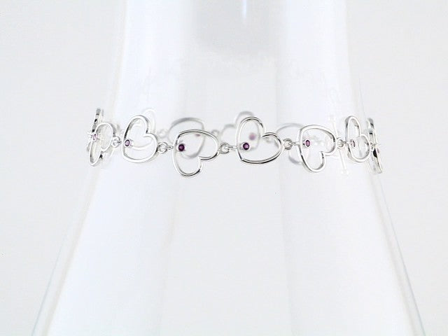 Round Natural Amethyst Accented Heart Link Bracelet In Silver