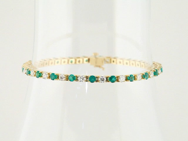 Round Natural Emerald & Natural Diamond Line Bracelet In Gold & Platinum