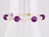 Round Natural Amethyst & Cultured White Freshwater Pearl Pearl Station Bracelet In Gold & Platinum