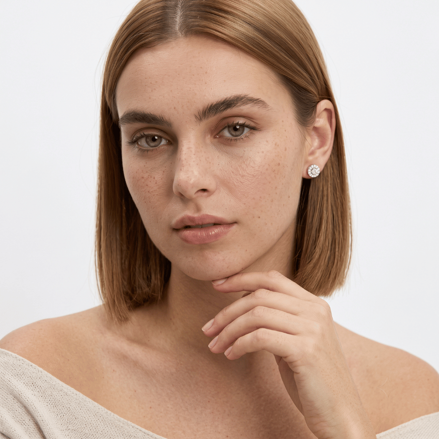 Frontal portrait of a woman resting her hand under her chin, wearing a small round silver stud earring with a sparkling gemstone.