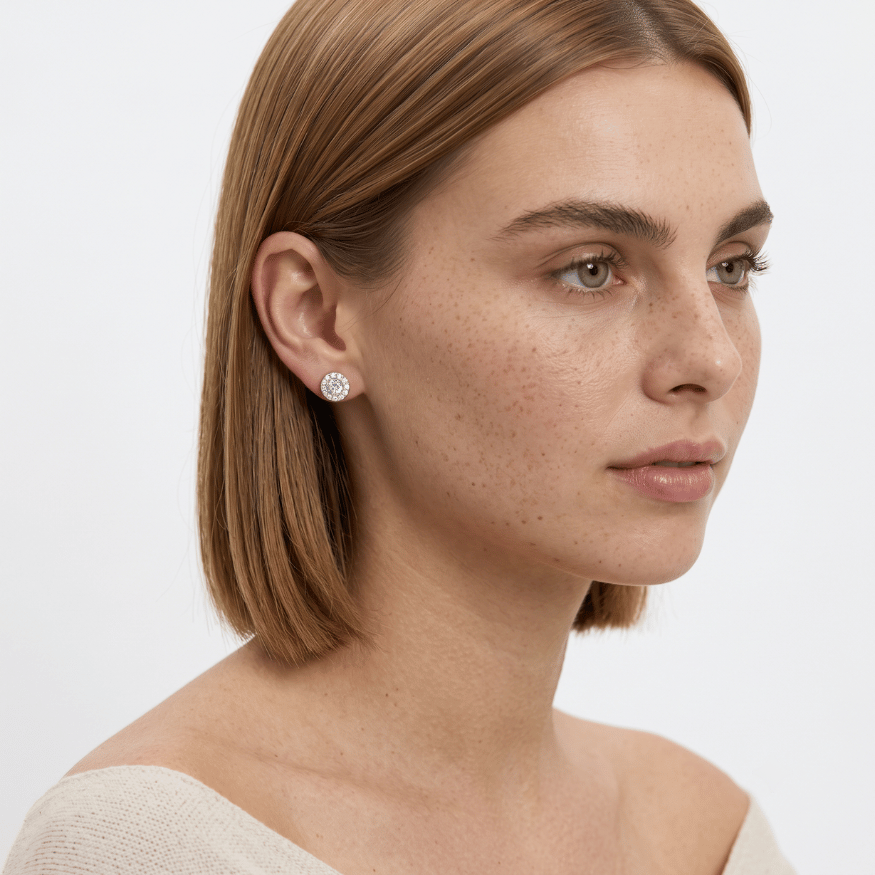 Close-up shot of a woman wearing a small round silver stud earring with a clear gemstone.