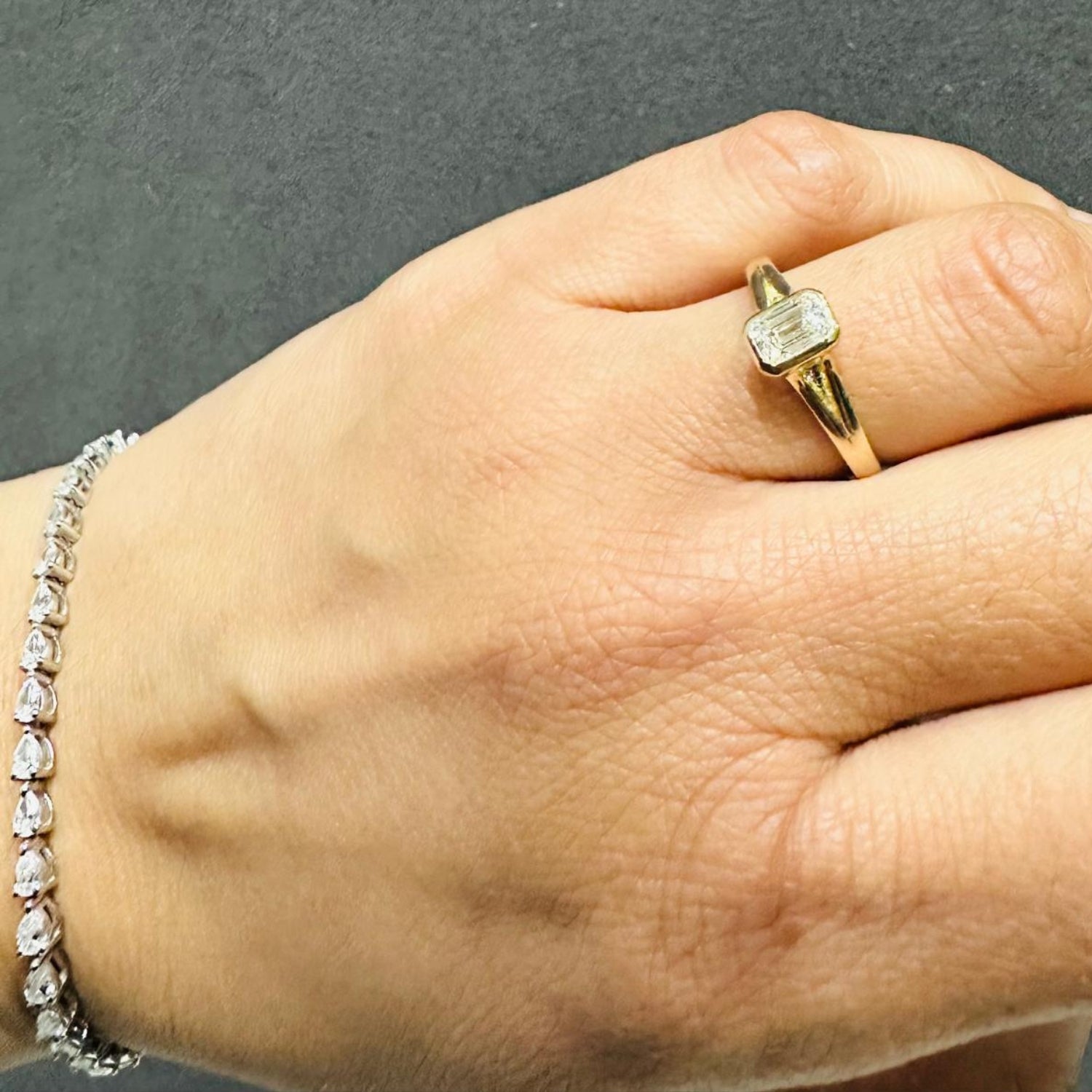 IGI Certified Emerald Cut Lab Grown Diamond Bezel Set Solitaire Ring 9K Yellow Gold Promise Ring