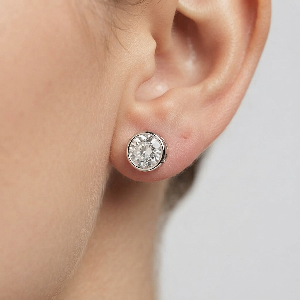 Stud Earrings with Round Bezel Set Diamonds - Solid Gold