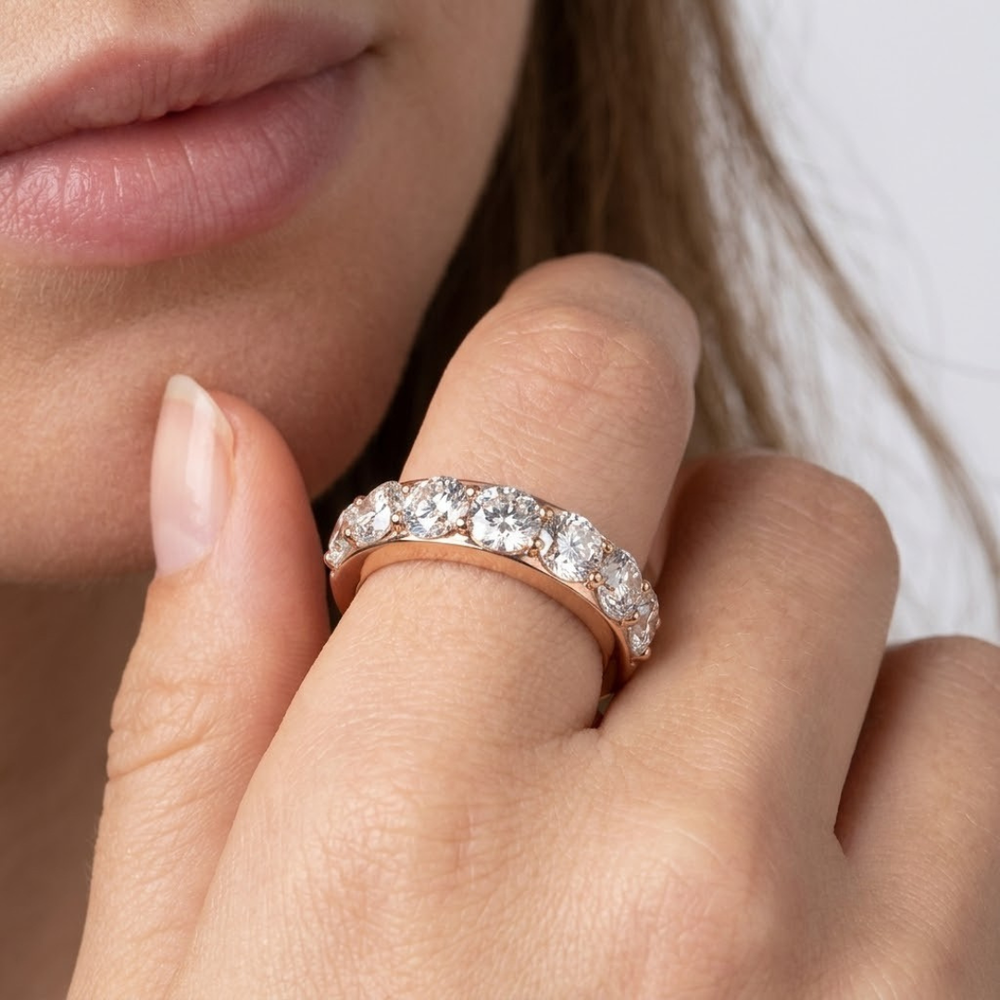 Sparkling round lab diamond half eternity ring for Valentine's.