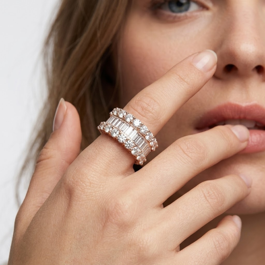 Stacking baguette and round diamond band, perfect gift for her.