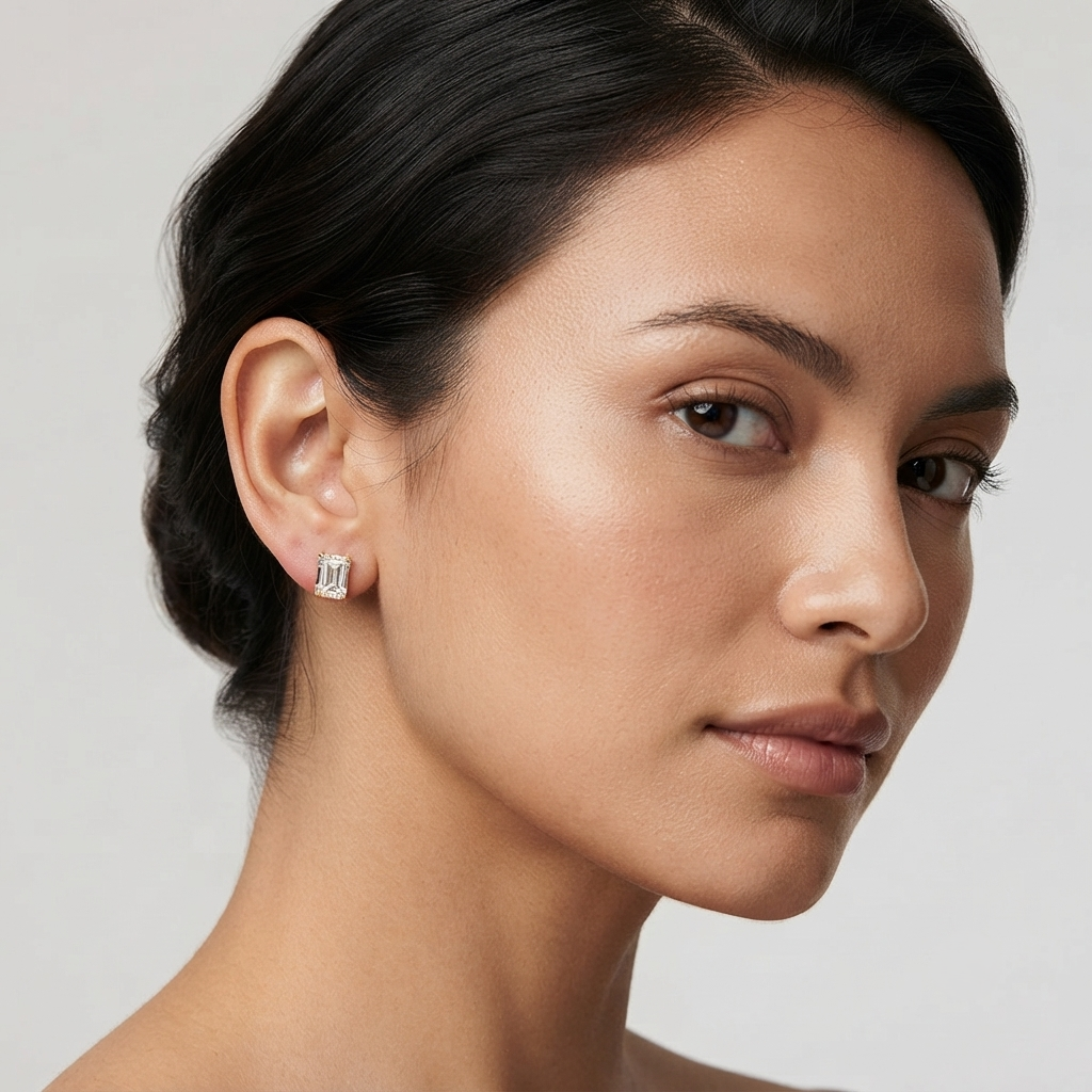 Stud Earrings with Oval Cut Diamonds - 4 Prong Solid Gold