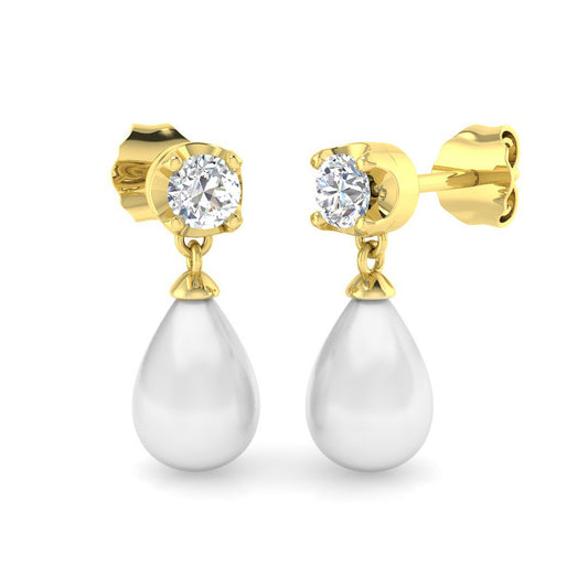 Teardrop Pearl Earrings with Round Diamond Studs