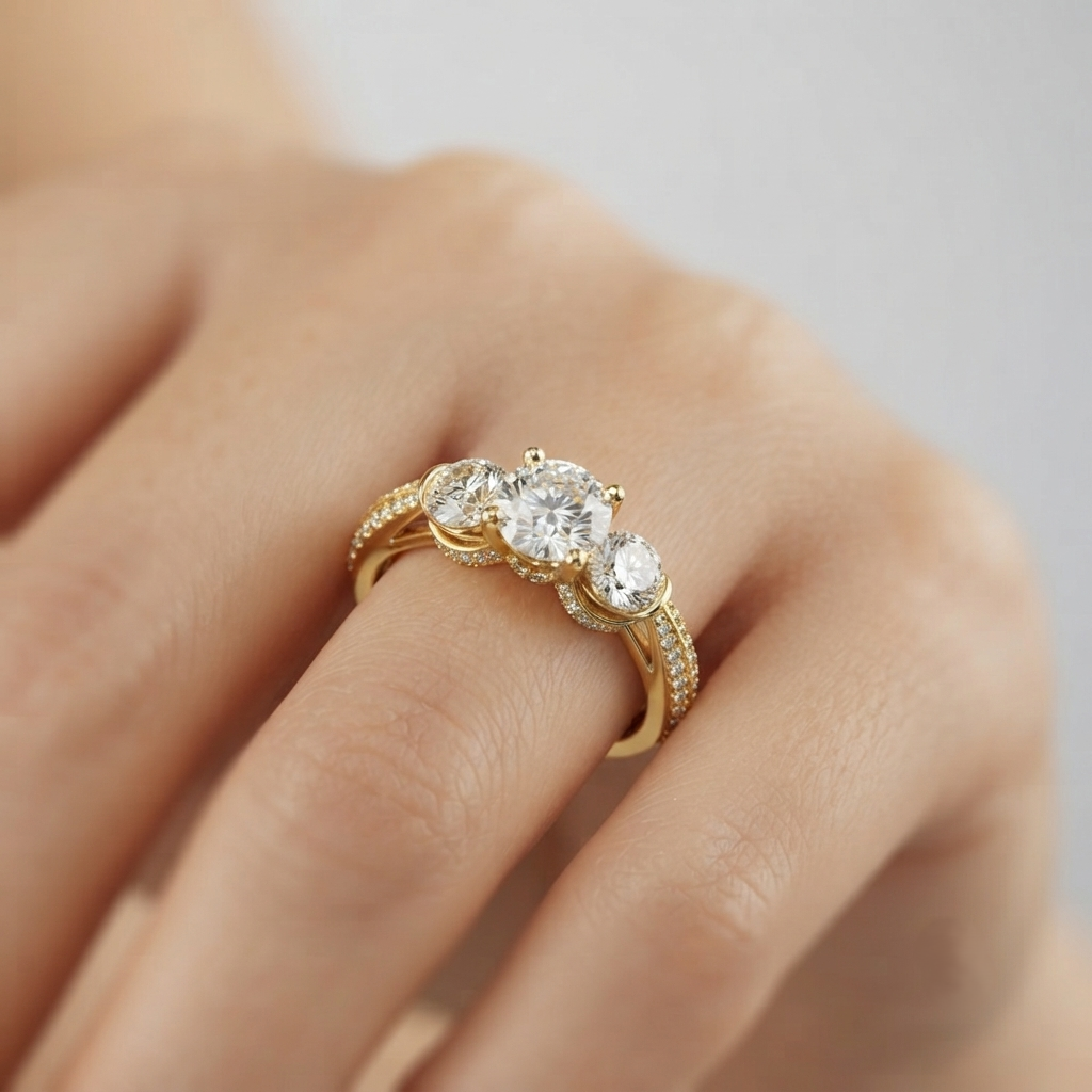 Lab Grown 3 Stone Diamonds Micro-Pave Setting Engagement
