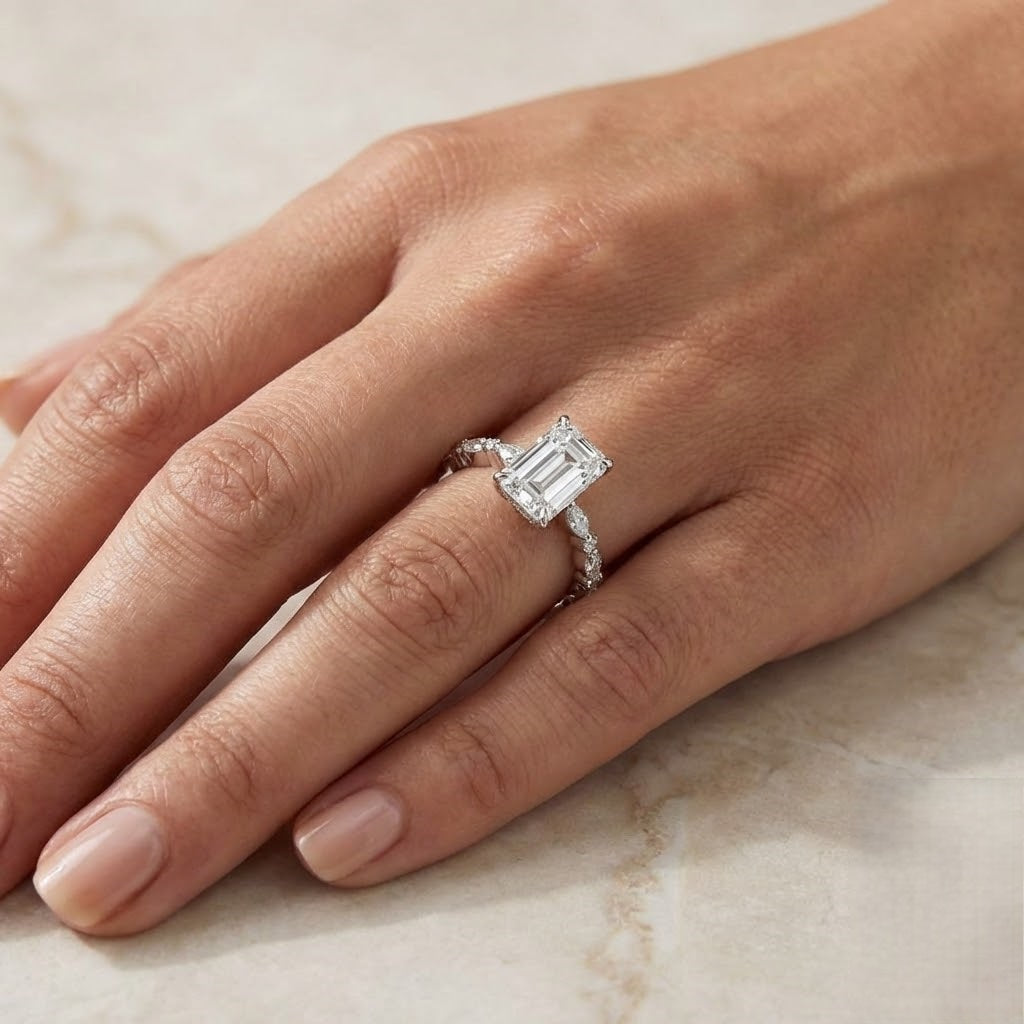 Emerald Cut Diamond Engagement Ring with Marquise & Round Side Stones  Available in Natural & Lab Grown Diamonds