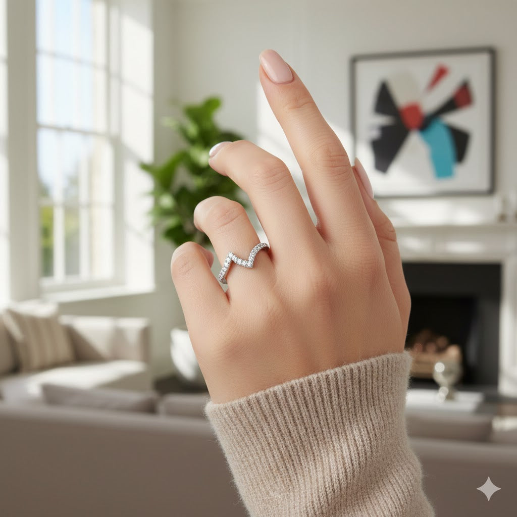 Zigzag Diamond Wishbone Ring – Crown Style Chevron Band