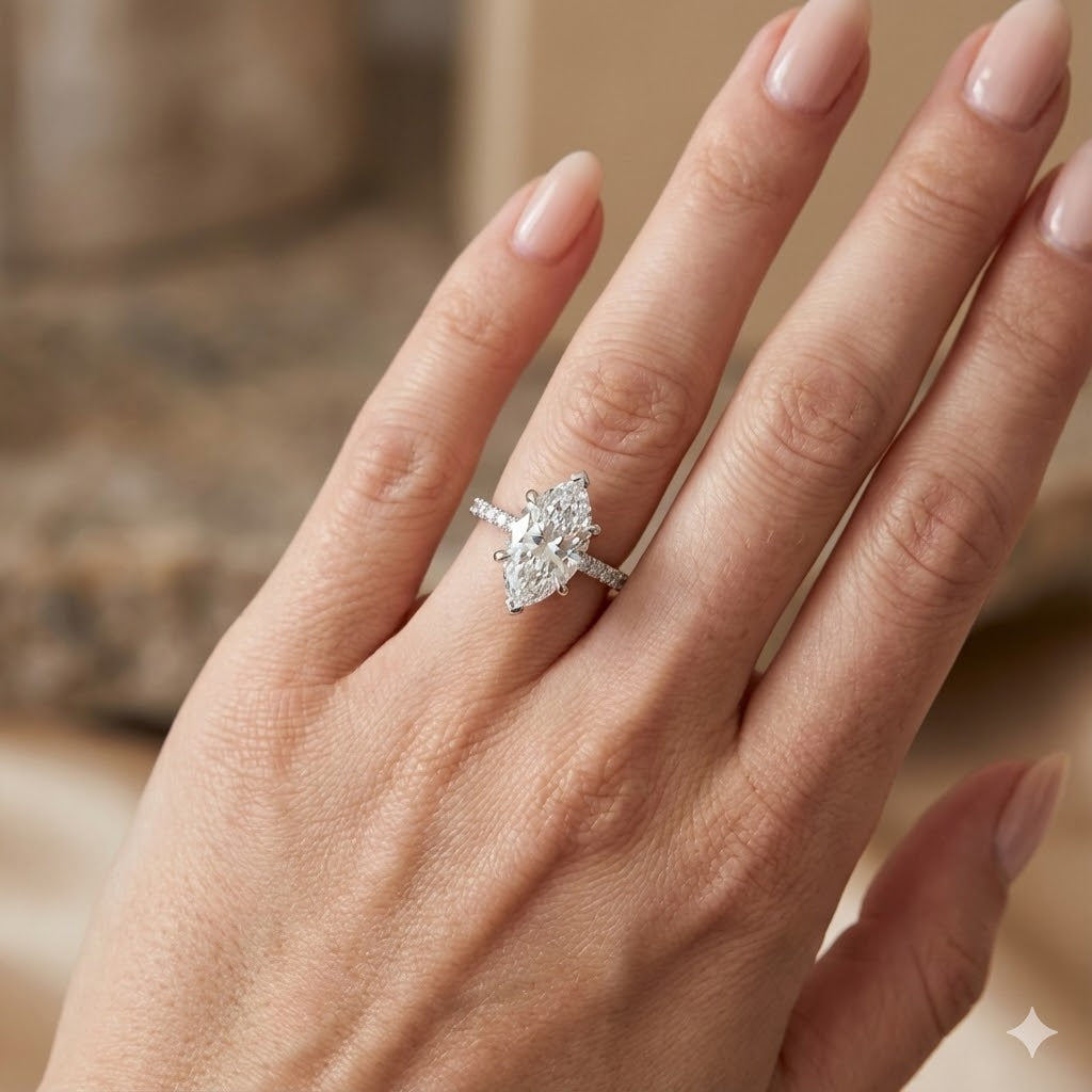 Marquise Cut Diamond Solitaire Engagement Ring with Pavé Band | Natural & Lab Grown