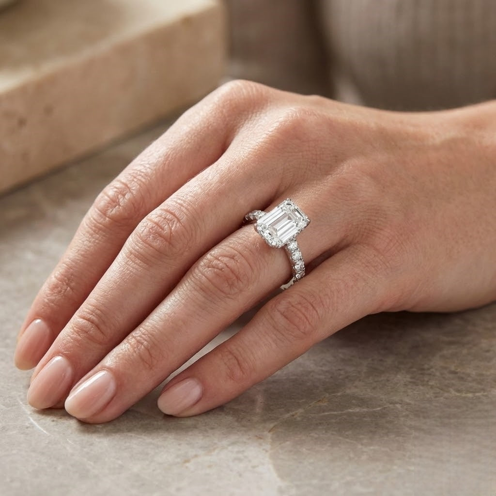 Emerald Cut Diamond Engagement Ring with Diamond Shoulders  Natural & Lab Grown