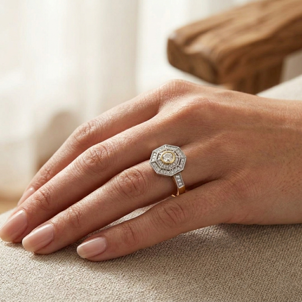 Two Tone Gold Ring, Engagement Ring, Antique Style Ring