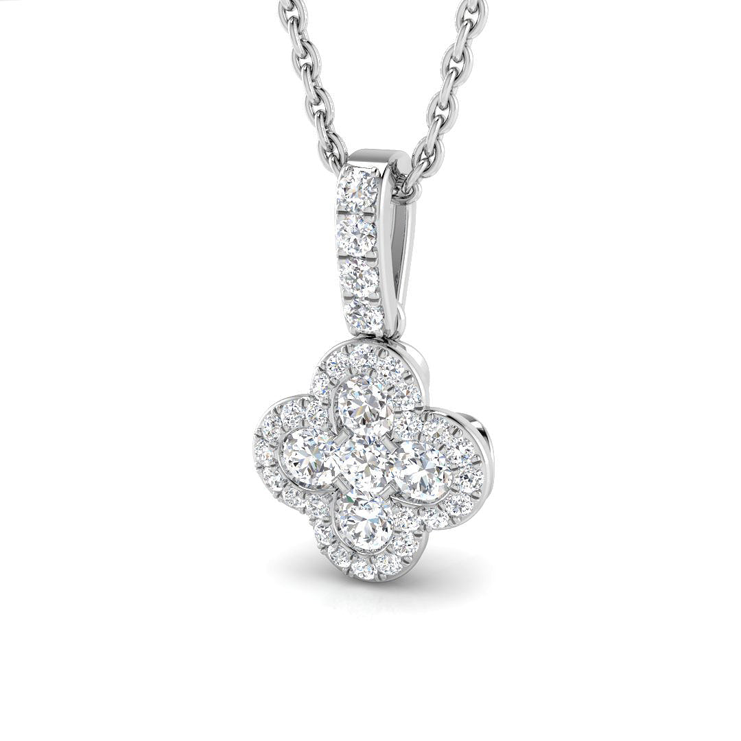 Close-up of a luxury white gold diamond flower pendant necklace featuring a brilliant floral design.