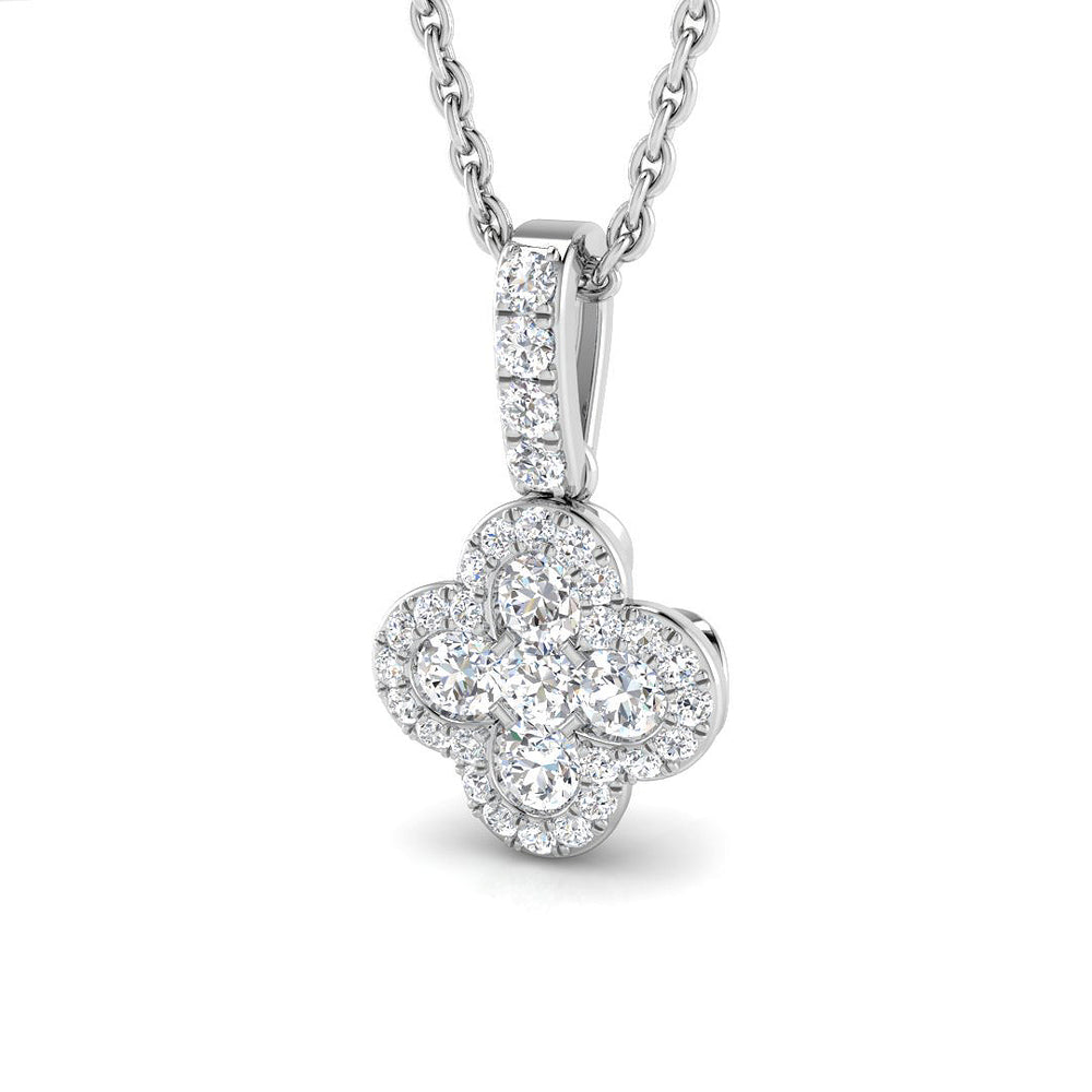 Close-up of a luxury white gold diamond flower pendant necklace featuring a brilliant floral design.