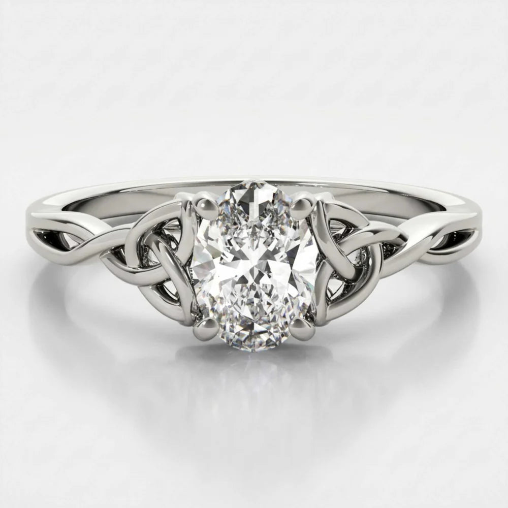 IGI Lab-Grown Oval Diamond 4 Claw Celtic Knot Solitaire Engagement Ring, D Color VVS Clarity